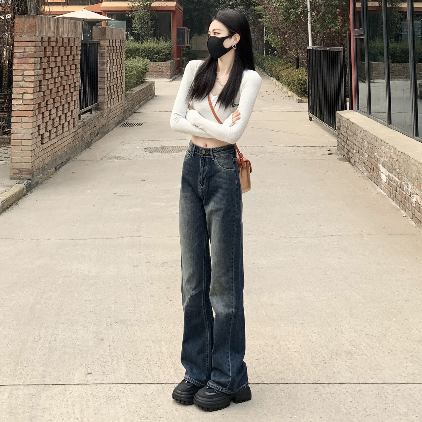 美式复古加长直筒微喇叭牛仔裤女春夏新款高腰宽松显瘦拖地阔腿裤