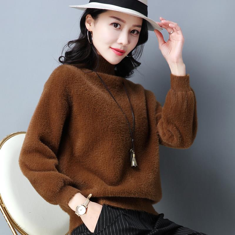 冬季加厚半高领仿水貂绒毛衣女韩版宽松套头针织衫百搭大码打底衫