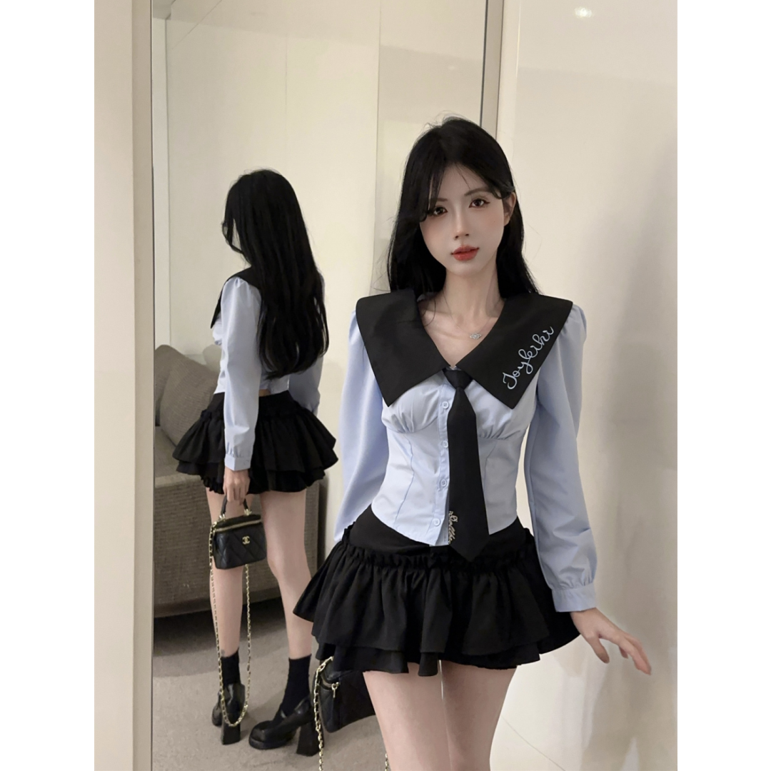 【现货】学院甜辣制服jk套装长袖领带上衣修身高腰蛋糕裙子两件套