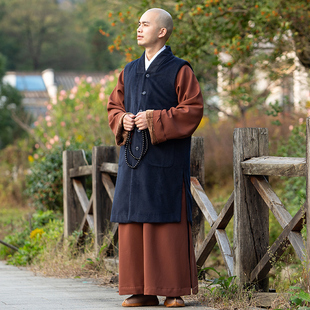 善圆僧服伽蓝褂加绒保暖毛呢子马甲男秋冬季休闲和尚服装僧衣马夹
