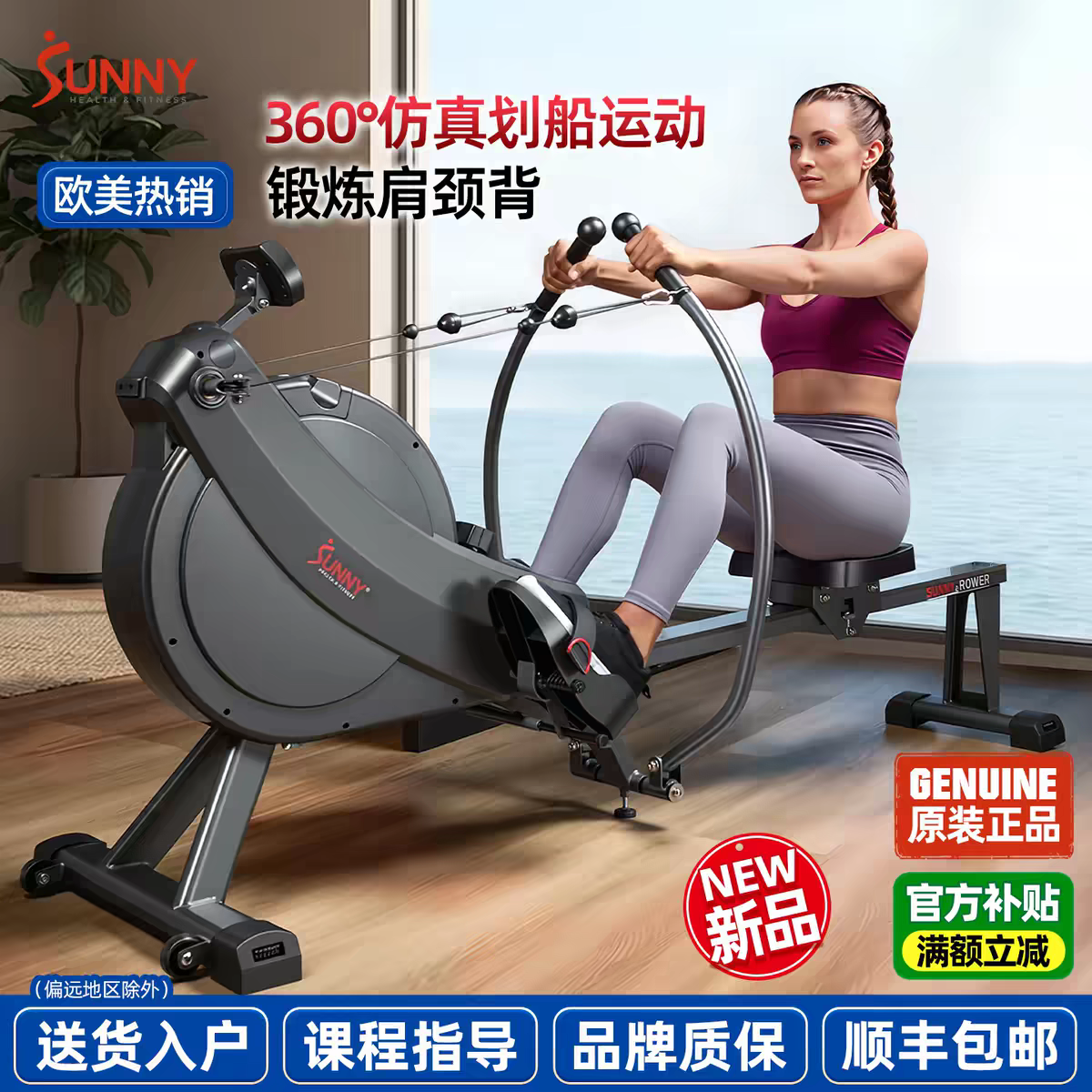 美国SUNNY划船机仿真双桨健身器材家用室内减肥静音锻炼肩颈背