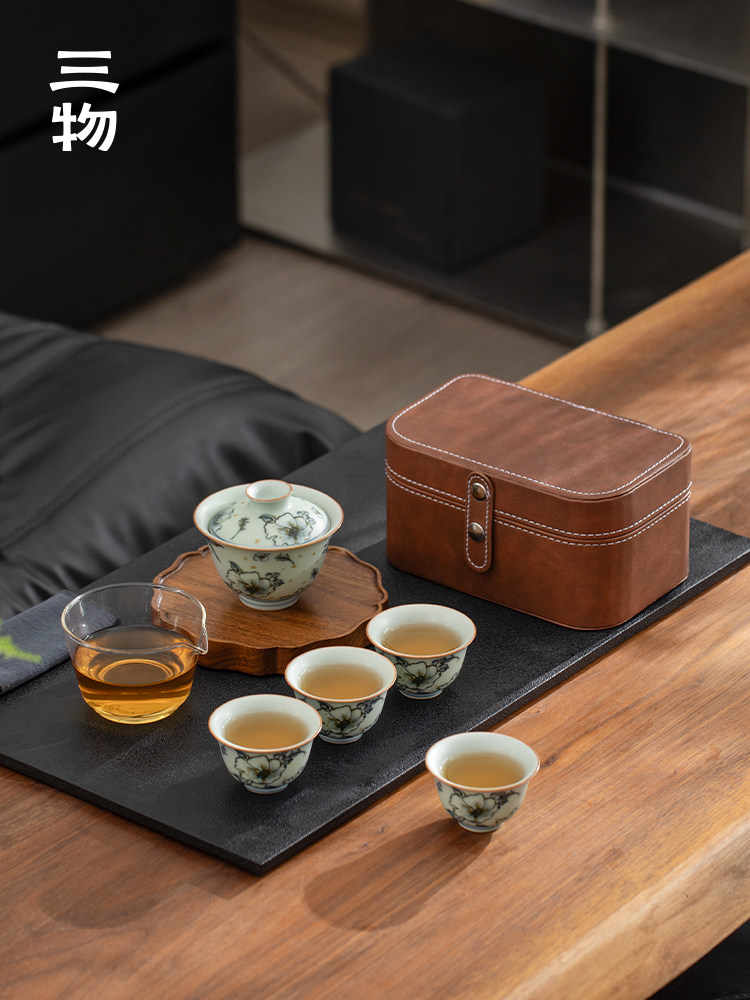 三五香养生盖碗旅行茶具便携式户外露营式饮茶快杯手绘一壶三杯