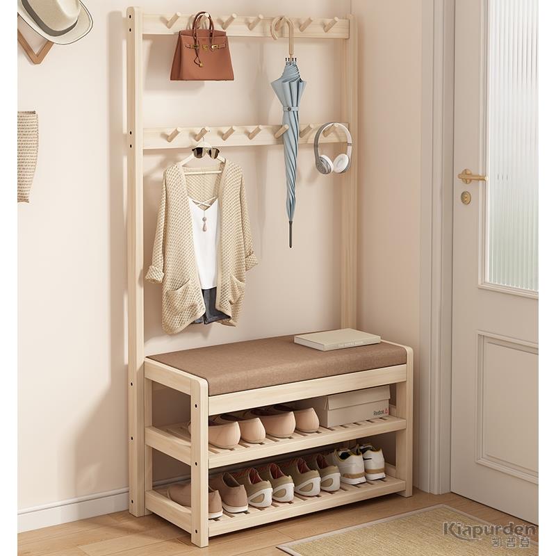 鞋架换鞋凳鞋柜带挂衣架一体卧室家用入户门口玄关简易实木衣帽架