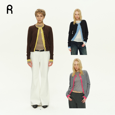 ReAimNess* 撞色假两件羊毛开衫毛衣贝壳扣针织毛衣开衫