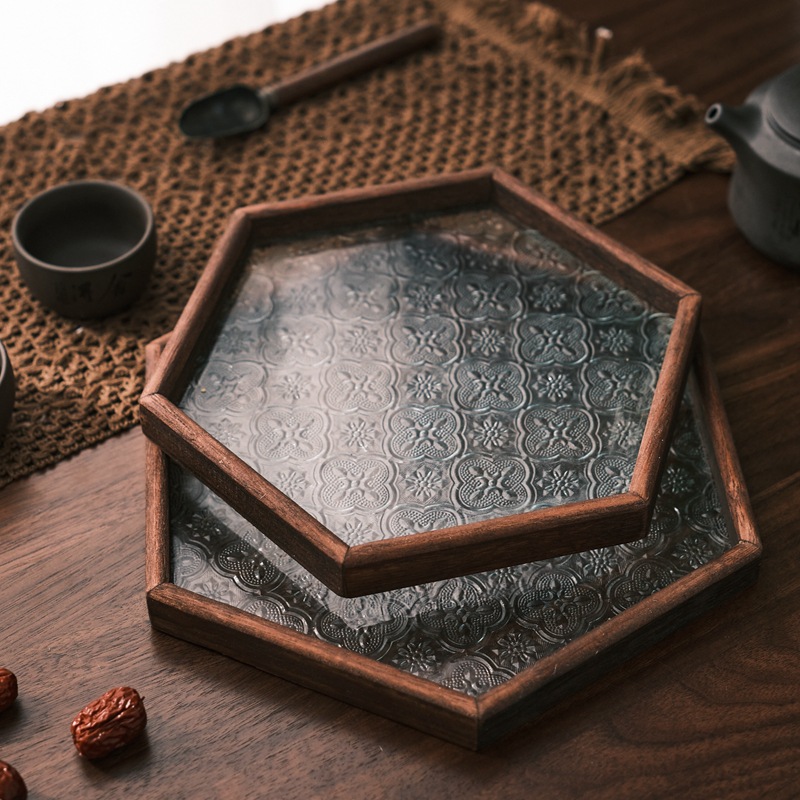 复古木质海棠玻璃胡桃色零食收纳盒长方形茶盘干果点心盘家用托盘