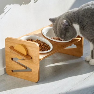 竹木猫碗架宠物碗自动喂食家用猫狗盆可调节高度猫咪实木双碗架