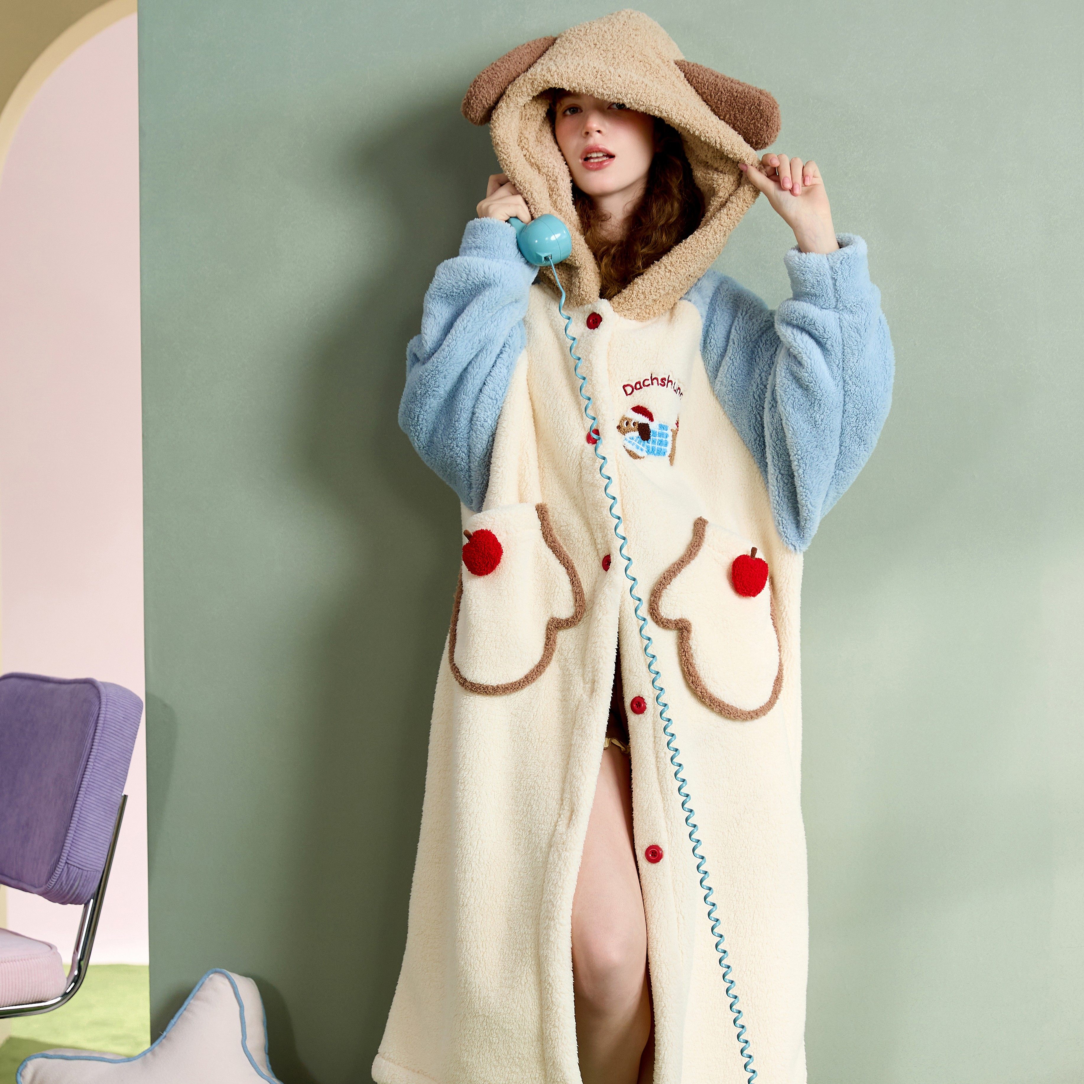 PJOCLOCK睡时记睡袍女冬珊瑚绒保暖可爱腊肠狗加绒加厚可外穿睡衣