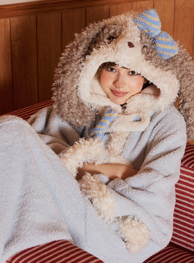 PJOCLOCK睡时记睡衣女冬珊瑚绒加绒加厚可爱少女小狗长款睡袍斗篷