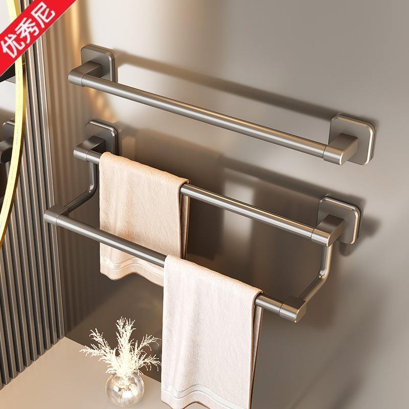 免打孔枪灰色单杆毛巾架浴室毛巾杆挂杆太空铝卫生间双杆贴片安装