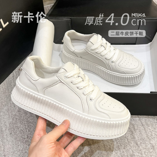 新卡伦真皮松糕厚底饼干小白鞋女