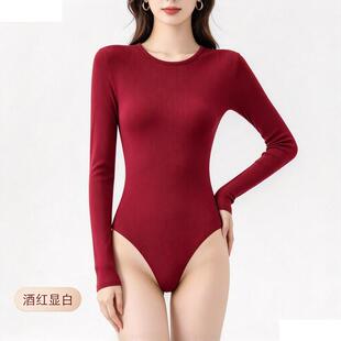 推荐性感圆领紧身酒红色连体衣女款显瘦内搭长袖T恤辣妹打底上衣