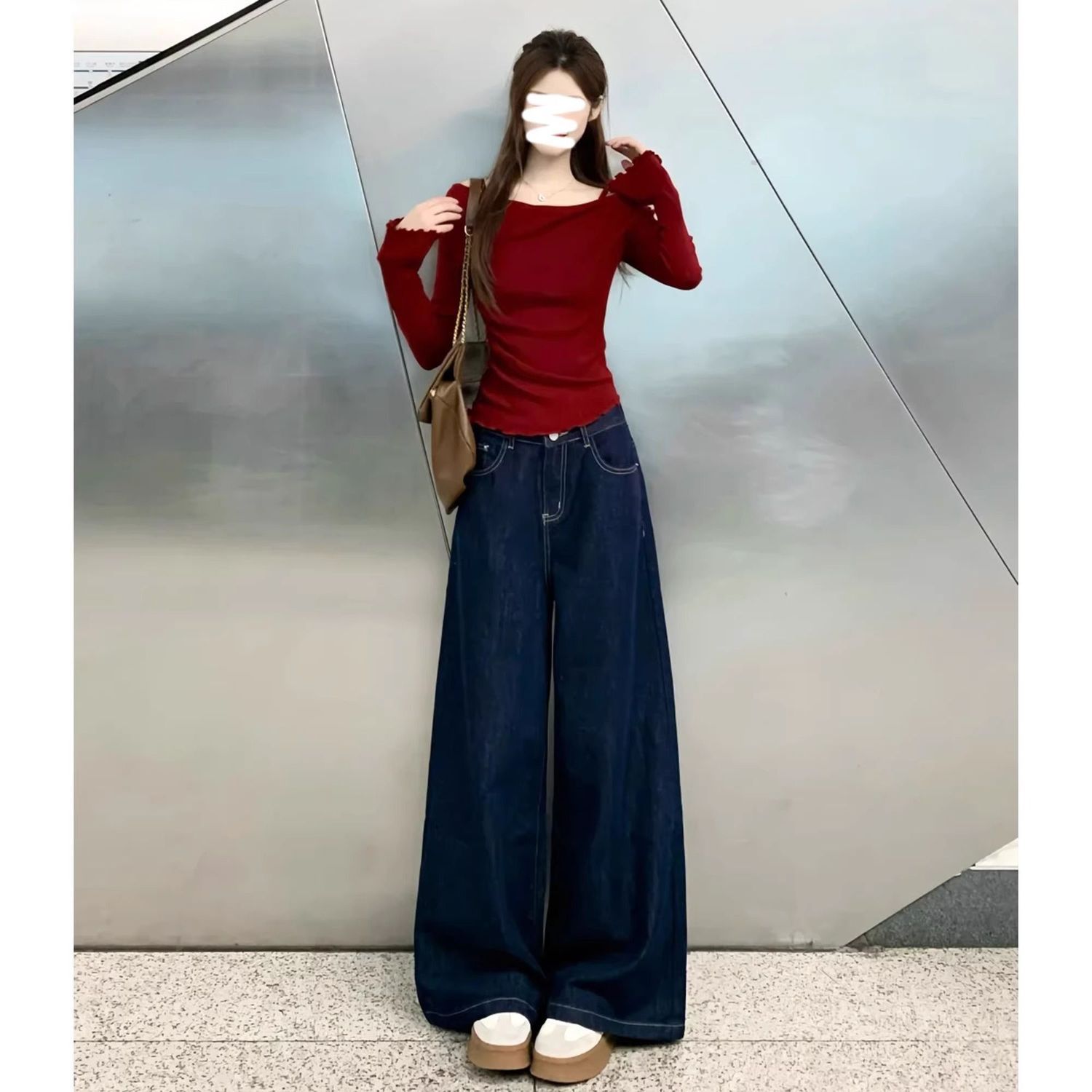 小个子复古深蓝色高腰阔腿牛仔裤女秋季宽松显瘦百搭垂感拖地裤子