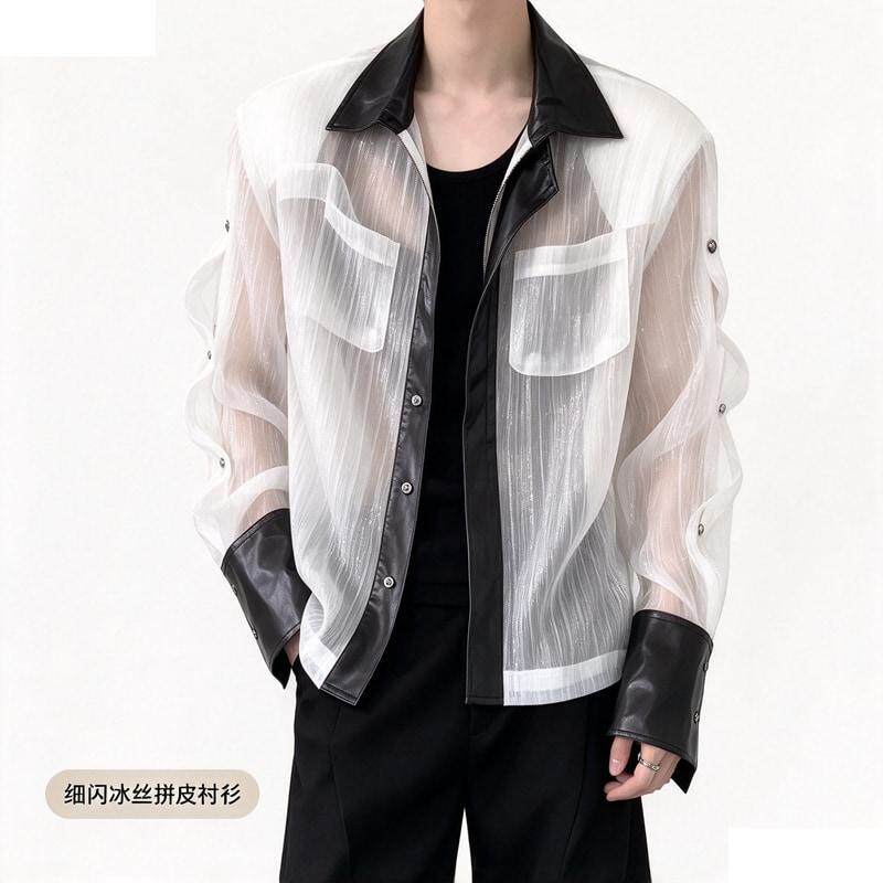 男模服装细闪透视冰丝防晒衣男夏季小众拼皮设计衬衫薄款网纱外套