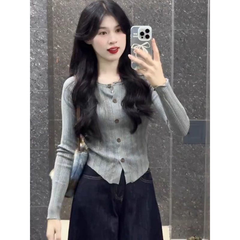 法式灰色小香风长袖针织开衫女早秋外穿短款毛衣外套奶fufu上衣薄