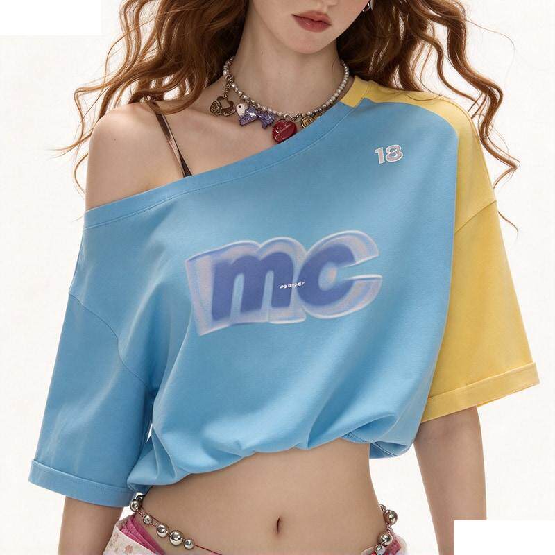 美式漏肩幻影logo短袖T恤女2025夏季新款百搭休闲宽松短款上衣