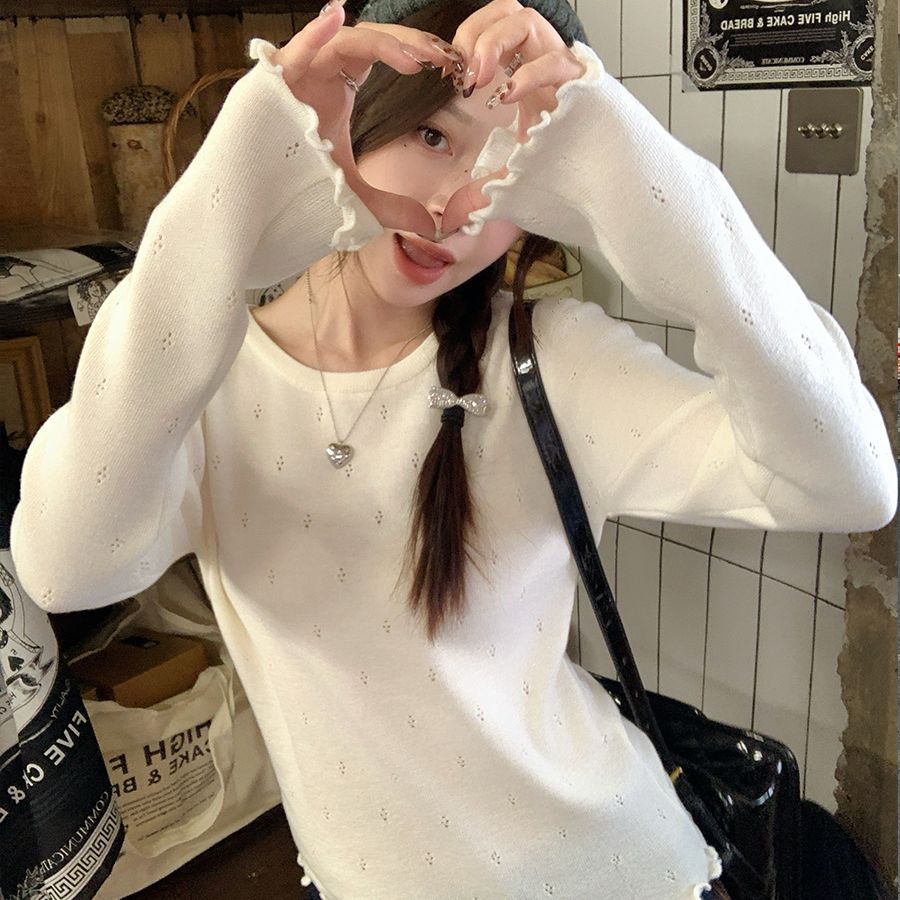 白色打底衫女春秋设计感木耳边薄款小香风内搭针织衫上衣