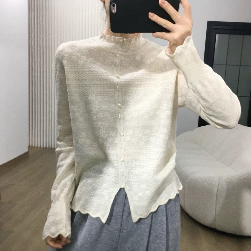 2025减龄半高领开叉钉珠蕾丝花边针织衫秋冬百搭长袖内搭打底衫女