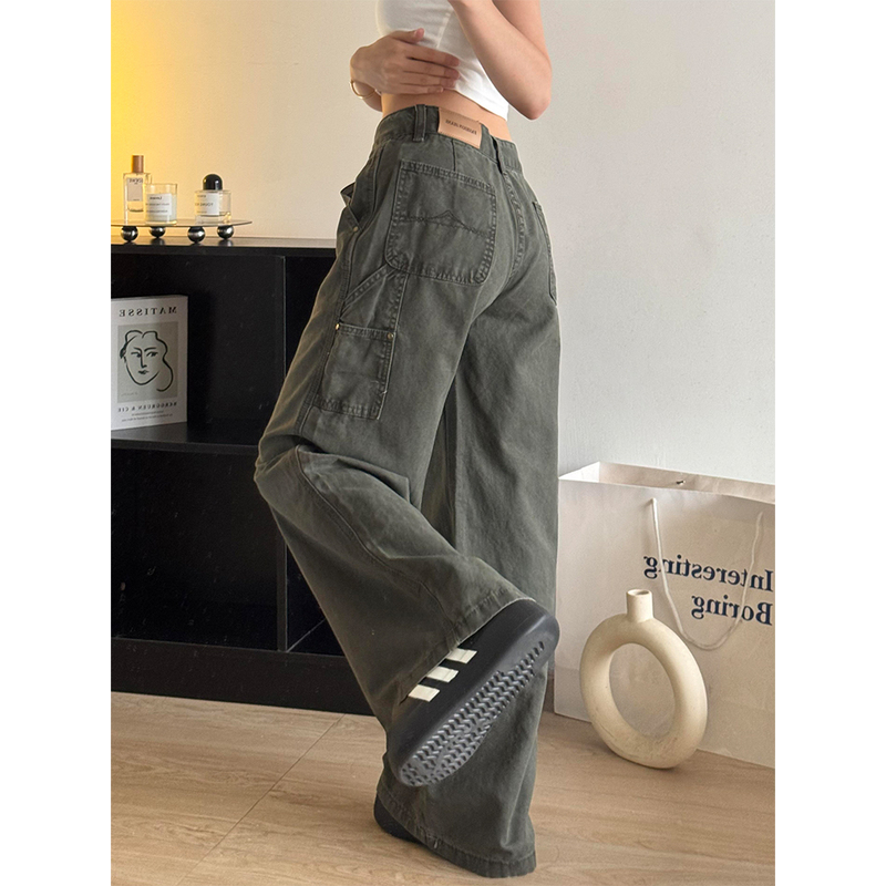高个子痞帅军绿直筒工装牛仔裤女秋季新款慵懒感宽松显瘦阔腿长裤