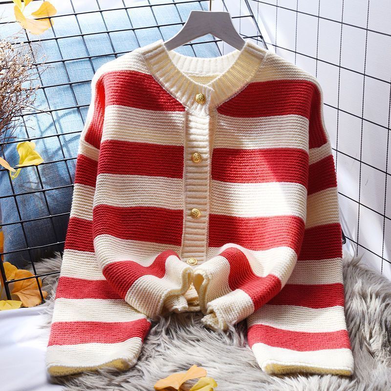 网红条纹撞色毛衣外套女宽松外穿春季韩版洋气短款长袖针织衫开衫