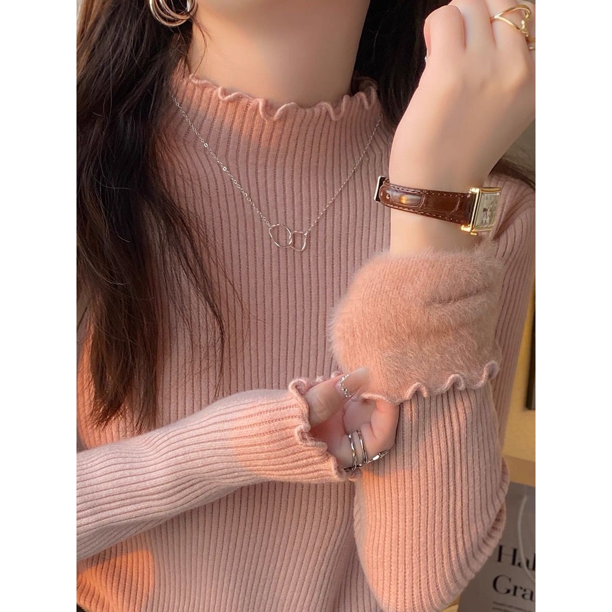 粉色毛衣女冬季加绒加厚一体绒内搭半高领打底衫东北特厚针织上衣