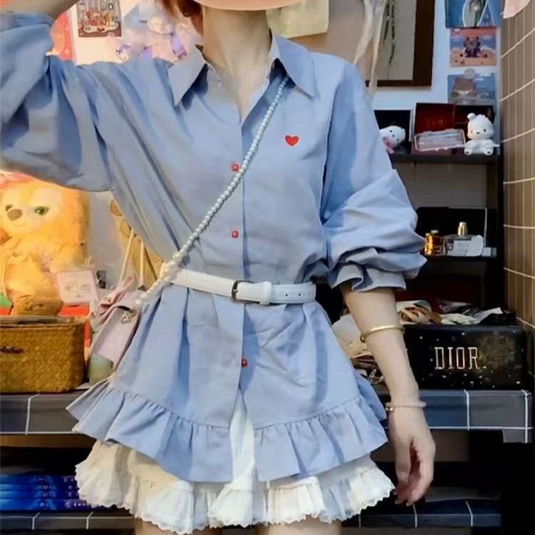 蓝色长袖衬衫女2025新款春秋季小个子衬衣别致绝美上衣设计感小众