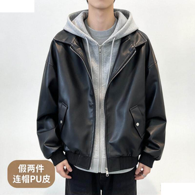 春秋季美式复古拼接假两件连帽PU皮夹克男潮牌宽松休闲机车服外套