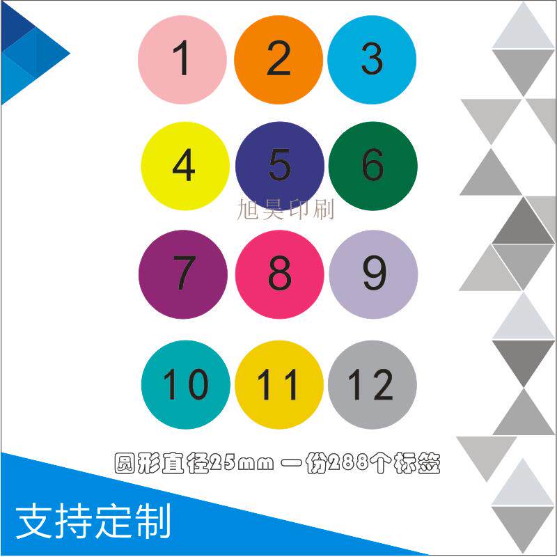 彩色圆形月份数字贴纸 1-12月25mm数字分类12345678910标签不干胶