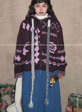 One purple| 秋冬氛围感连帽撞色针织开衫韩版宽松复古毛衣外套