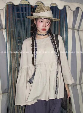 one purple| 日系亚麻圆领褶皱娃娃衫轻薄慵懒感上衣围巾两件套