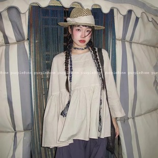 one purple| 日系亚麻圆领褶皱娃娃衫轻薄慵懒感上衣围巾两件套