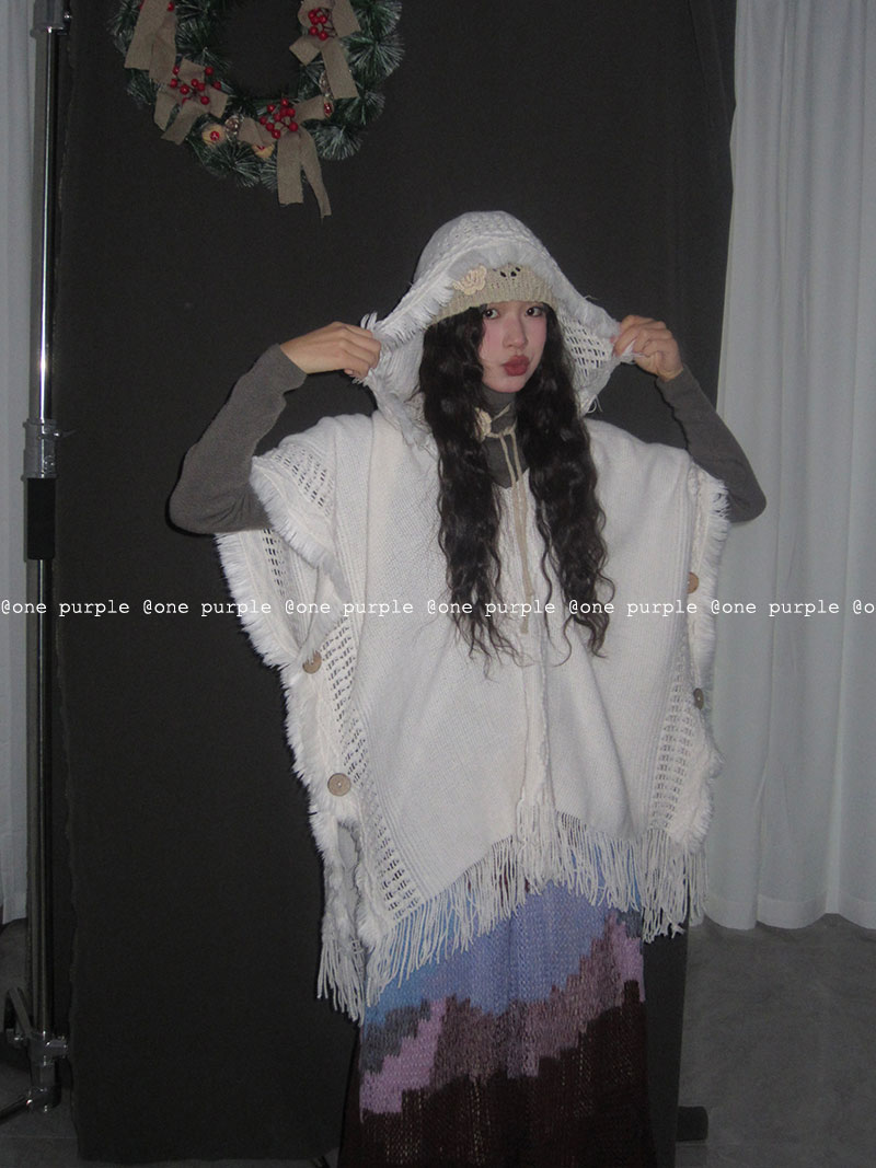 onepurple针织套头连帽流苏披肩