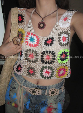 one purple| 6.6NEW复古韩系度假风手工钩织花朵撞色吊带背心