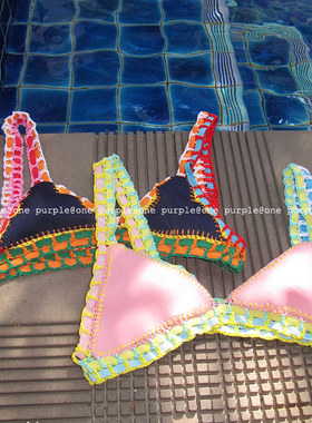 one purple|3.7NEW 小众设计感撞色分体比基尼两件套复古叠穿内衣