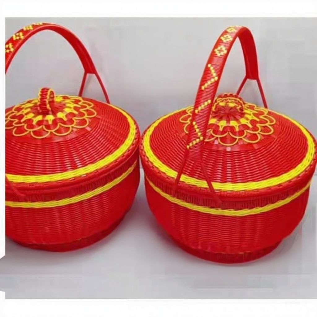 婚庆用品结婚喜篮子手提带盖红色柳编花蓝藤编织筐拜神篮收纳