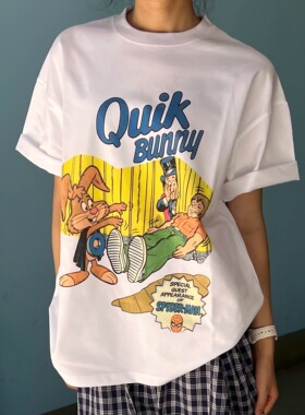 Talktokey(TTO) 兔子魔法师 美式重磅 白色纯棉宽松短袖T恤男女