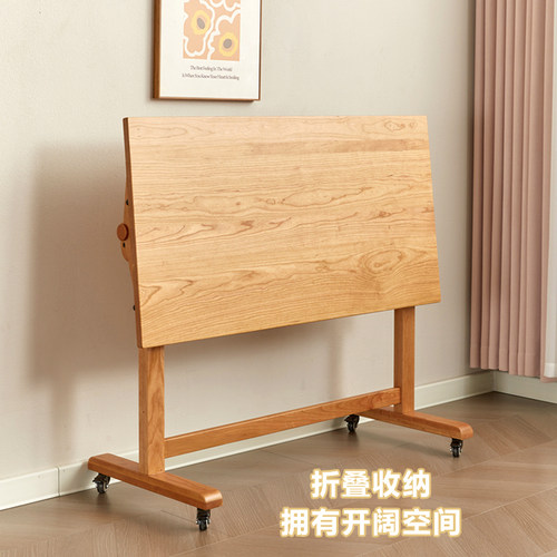 带轱辘樱桃木家用折叠桌原木