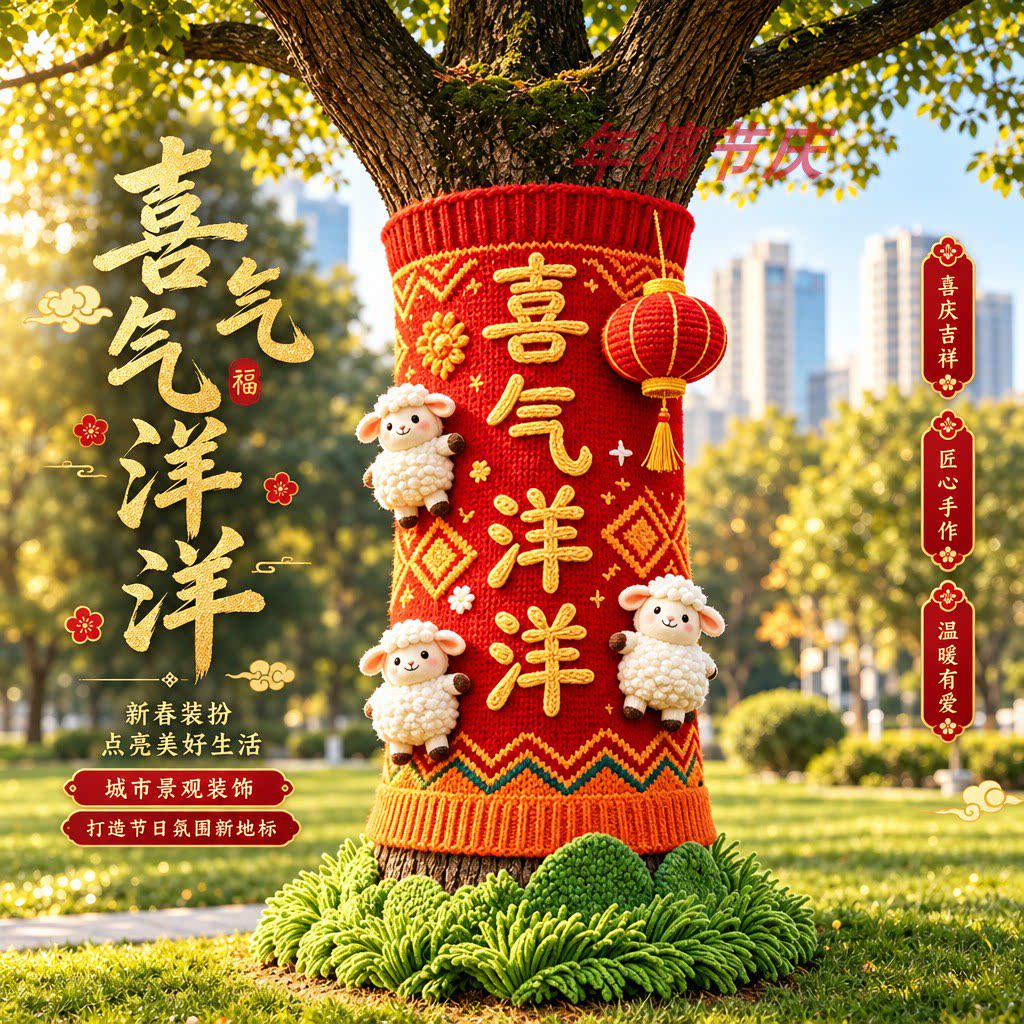 新春红色针织包树美陈户外市政街道景区商场公园广场新年树置定制