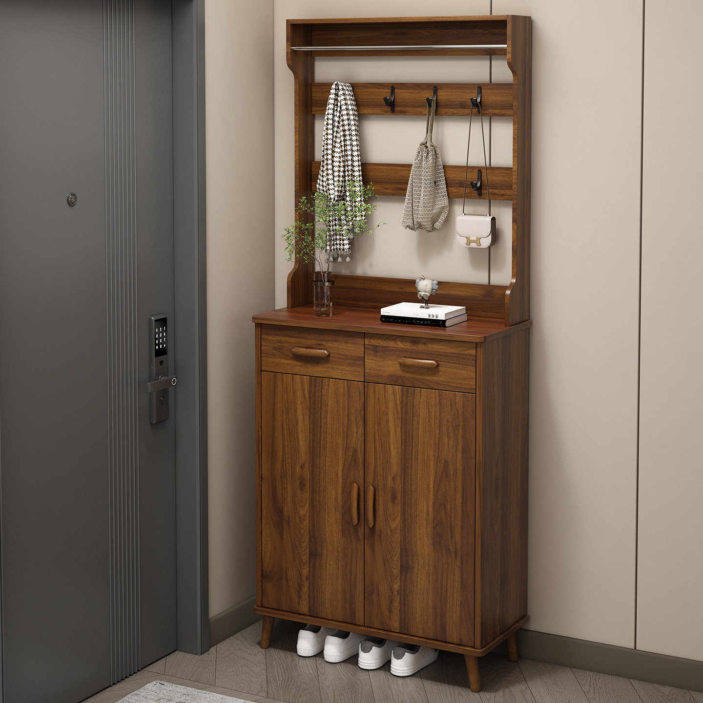 鞋柜家用门口外大容量储物收纳窄小型入户楼道新款胡桃鞋架带衣架