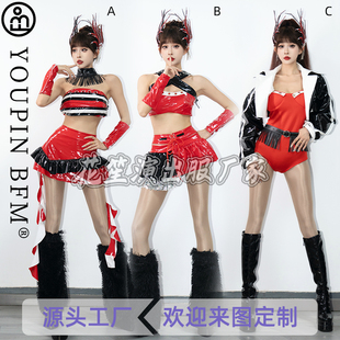 打歌服女团酒吧gogo演出服红色黑色性感皮革商演可爱韩舞蹈服女DS