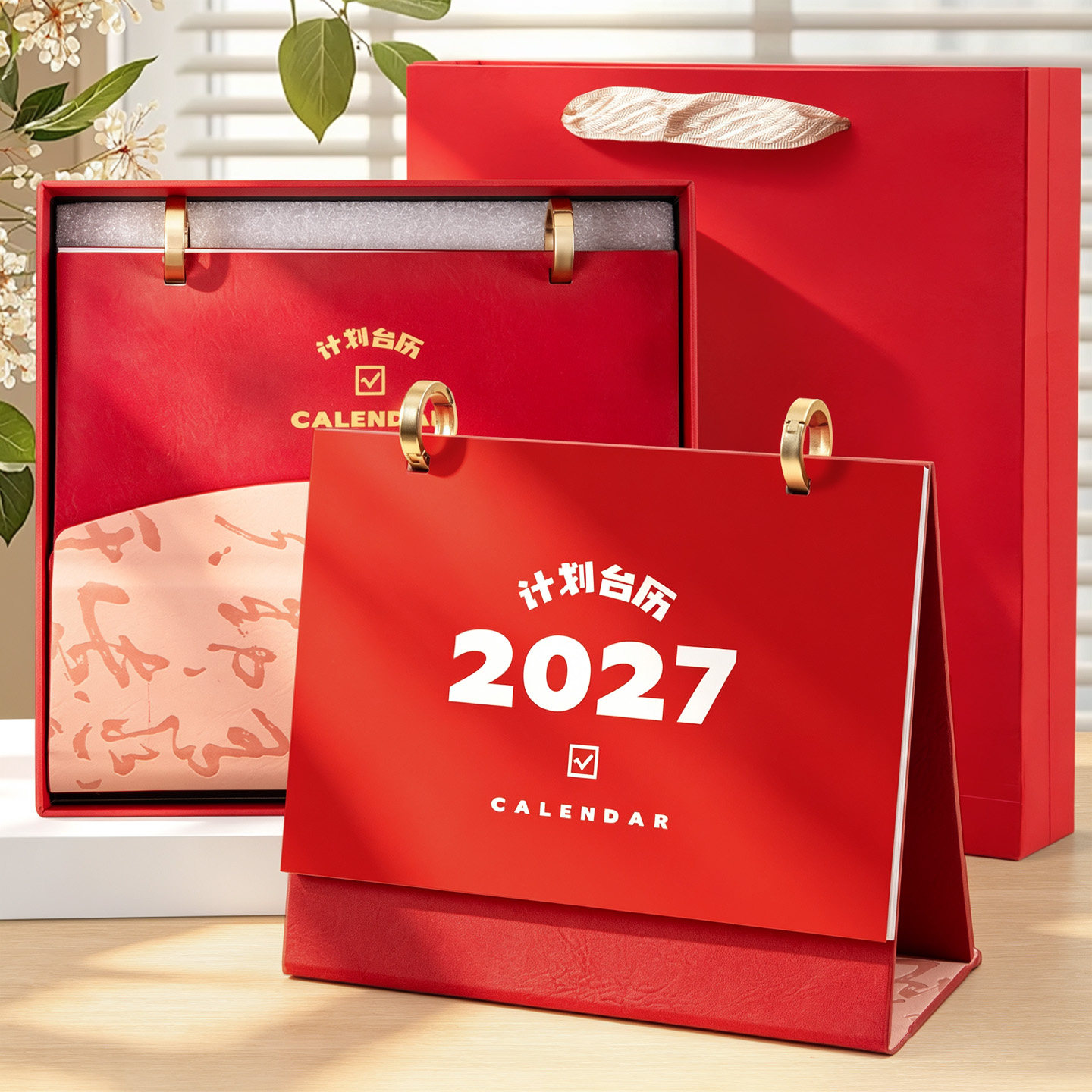 台历2027羊年高档礼盒创意定制logo皮质日历大格子备忘记事本月历公司企业办公室银行桌面摆件订制新年礼品