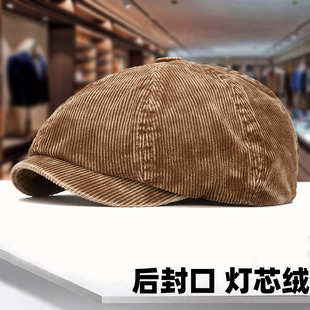 秋冬帽子男灯芯绒做旧复古鸭舌帽女士后封口条绒贝雷帽短檐八角帽