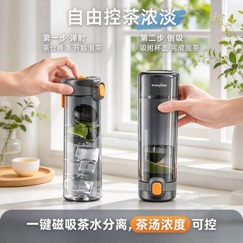 诺百纷磁弹泡茶杯弹盖茶水分离便携运动水杯男女tritan磁吸塑料杯