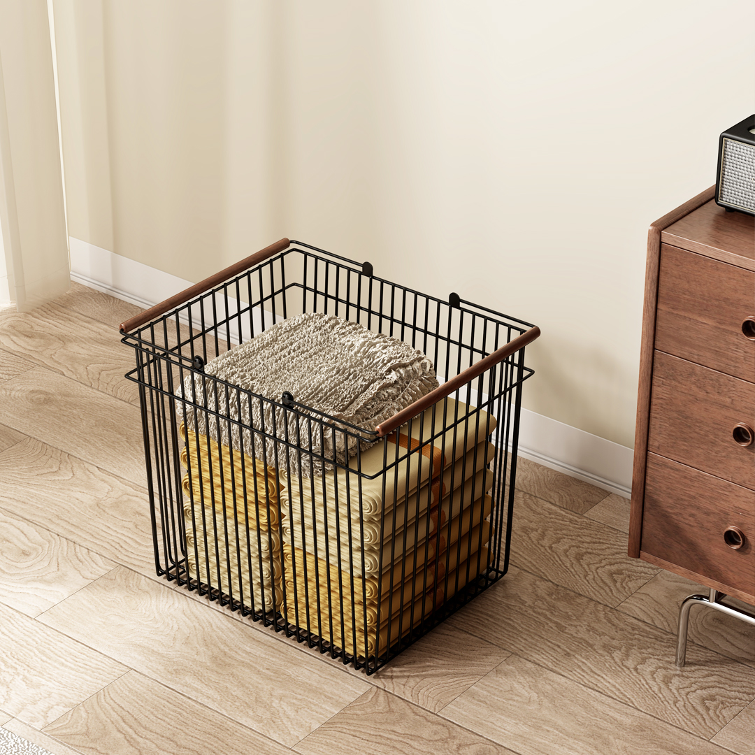 实木覆古风铁框脏衣服收纳篮衣帽架脏衣篓家用大容量洗衣收纳筐