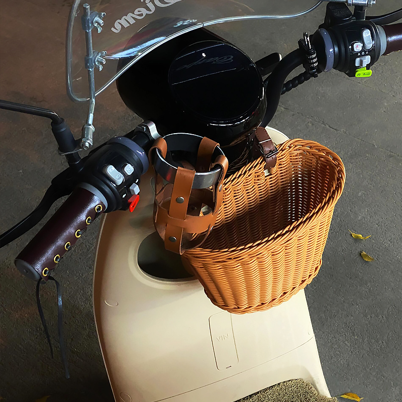 电动车前置车筐手工藤编收纳筐雅迪电动摩托车改造挂篮放东西神器