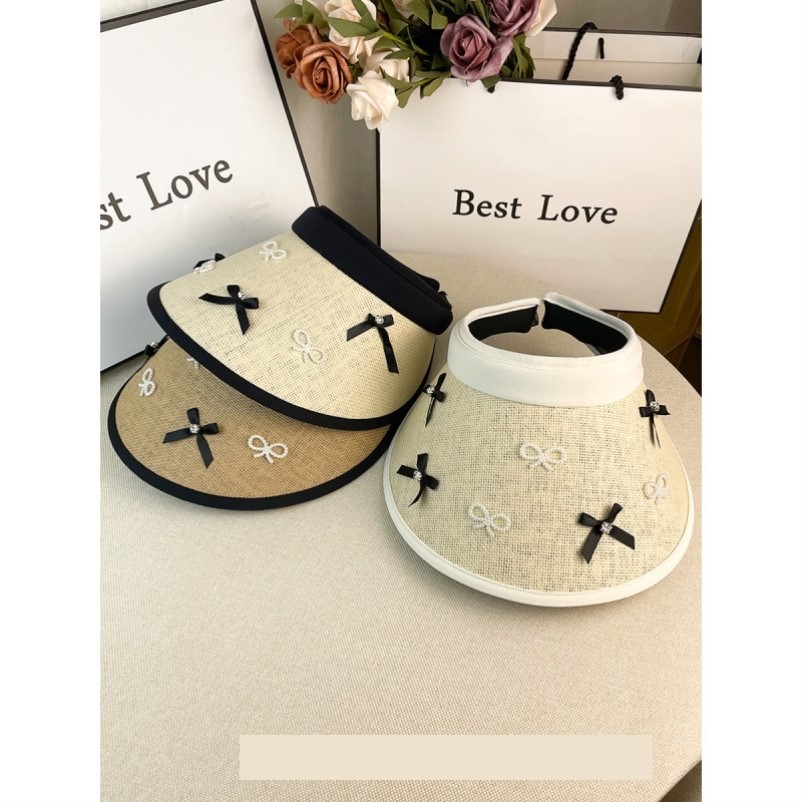 新款蕾丝蝴蝶结空顶防晒帽女夏季大檐黑胶户外骑车遮阳帽