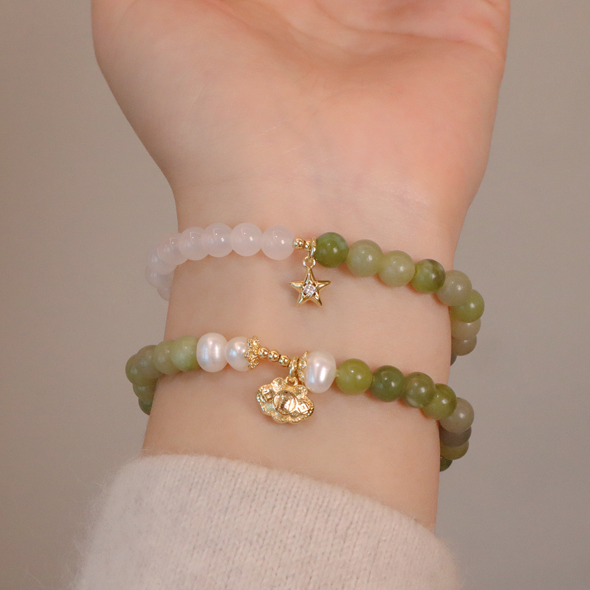 新中式复古青玉白玛瑙珍珠吊坠手串小众清新感手链女手环饰品潮流