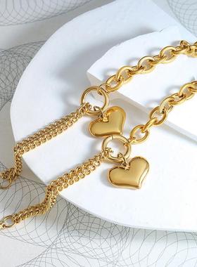 欧美风爱心扁桃心形粗链条女生手链金属不掉色饰品重磅质感钛钢