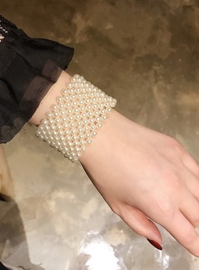 珍珠手环手饰宽边遮疤仿手镯多层手串手腕手链腕带夸张民族复古女