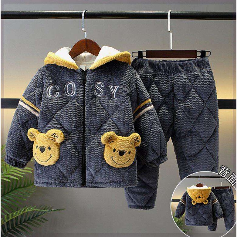 冬季儿童法兰绒睡衣男童女童加厚款夹棉女童宝宝珊瑚绒家居服套装