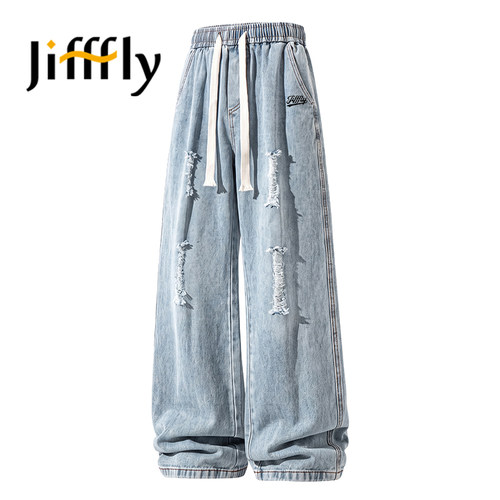Jifffly复古直筒破洞牛仔裤男士春秋新款宽松阔腿青少年帅气百搭